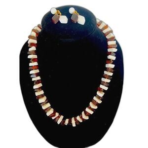 VTG 1970s Crown Trifari Amber White Lucite Beaded Necklace & Earrings Set